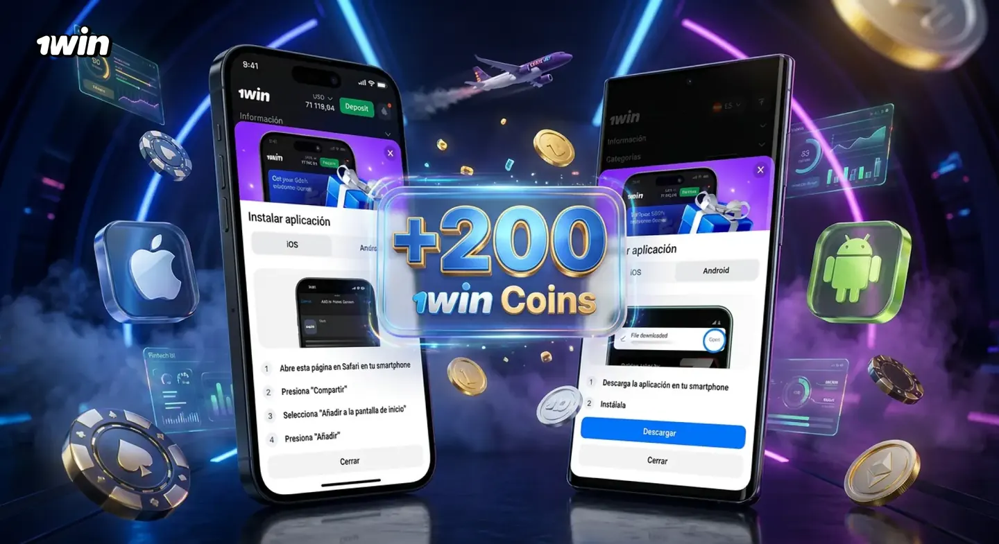 Pantalla de instalación de la app de 1win con el premio de 200 puntos